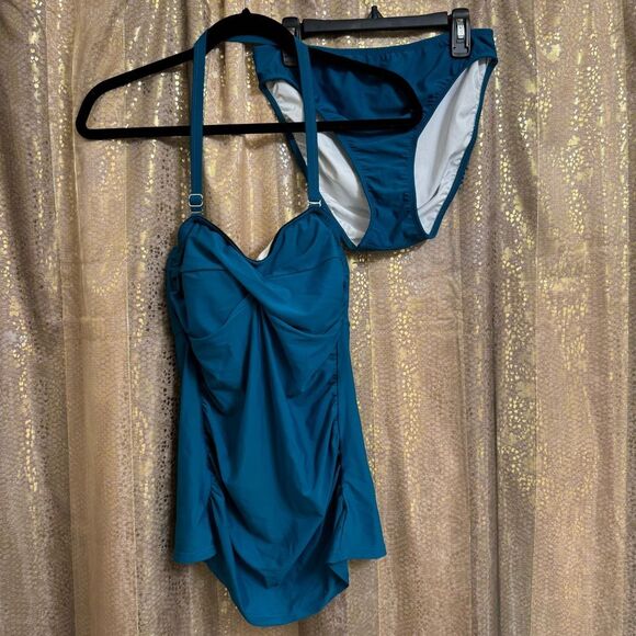 Venus Deep Teal Twist Front Halter Tankini Top Bikini Bottom Set Size 10 - Picture 1 of 8